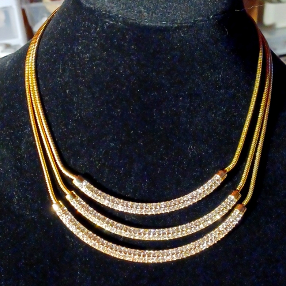 Ann Taylor Triple Strand 3 Rhinestone Bars Necklace Goldtone